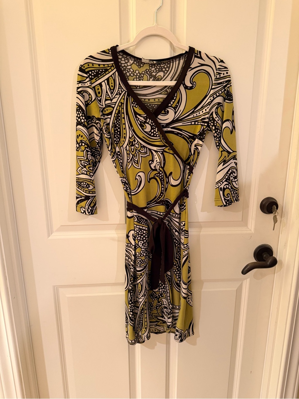 Olive, White, Brown Paisley Wrap Dress with Contrast Trim